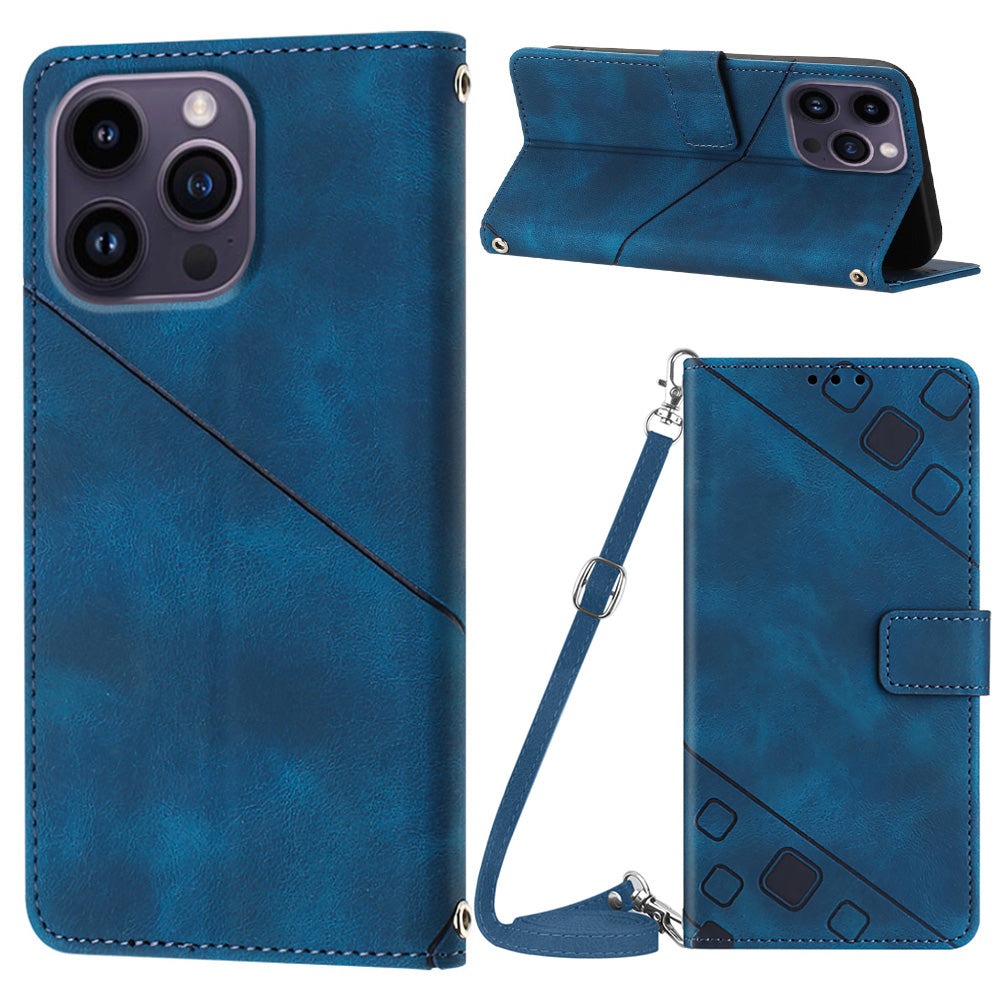 PT005 YB Imprinting Series-7 for iPhone 15 Pro Max Wallet Phone Case PU Leather Stand Cover with Shoulder Strap - Sapphire PT005 YB Imprinting Series-7 for iPhone 15 Pro Max Wallet Phone Case PU Leather Stand Cover with Shoulder Strap - Sapphire